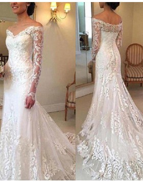 Off the Shoulder Lace Appliqued White Tulle Mermaid Wedding Dress with Long Sleeves WD2049
