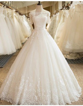 Off the Shoulder Lace Appliqued Pleated Ivory Wedding Gown with Short Sleeves WD2053