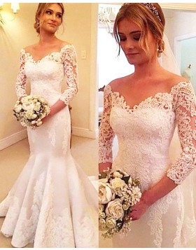 Off the Shoulder Lace Appliqued Satin Wedding Dress with 3/4 Length Sleeves WD2061