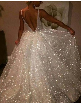 Unique Sparkle V-neck Sequin Ivory A-line Wedding Dress WD2080