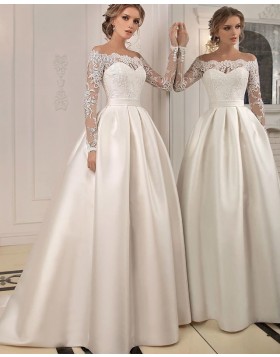Off the Shoulder Lace Bodice Ivory Satin Fall Wedding Dress with Long Sleeves WD2084