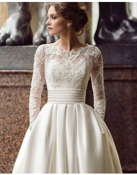 Jewel Lace Applique Bodice Ivory Satin Pleated Long Sleeve Fall Wedding Dress with Pockets WD2086