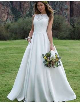 White Jewel Lace Bodice A-line Satin Fall Wedding Dress with Pockets WD2095