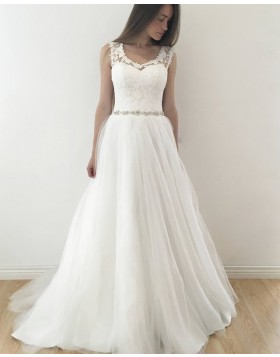 Scoop Lace Bodice Tulle Pleated White Wedding Dress with Beading Belt WD2126