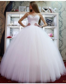 Sweetheart Beading Bodice White Tulle Pleated Ball Gown Wedding Dress WD2127