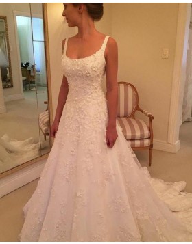 Gorgeous Square 3D Flower Appliqued White Wedding Dress WD2146