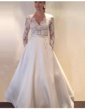 V-neck Lace Bodice Satin Ivory Long Sleeve Wedding Dress with Pockets WD2147