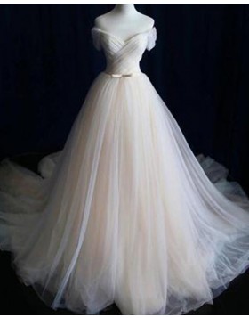 Simple Off the Shoulder Champagne Tulle Pleated Wedding Dress WD2151