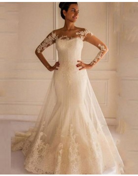 Bateau Long Sleeve Mermaid Lace Applique Wedding Dress WD2159