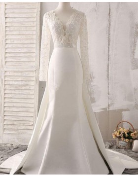 Deep V-neck White Lace Bodice Satin Fall Wedding Dress with Long Sleeves WD2161