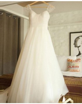 White Ruched V-neck Tulle Wedding Dress with Beading Cap Sleeves WD2169