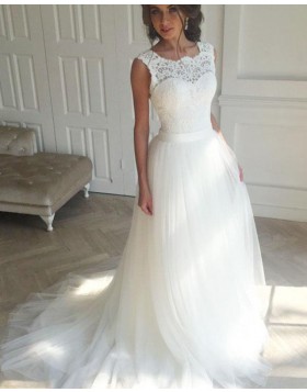 Elegant Scoop Lace Bodice White Tulle Wedding Dress WD2172