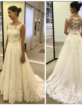 Scoop Lace White Applique Pleated A-line Wedding Dress WD2199