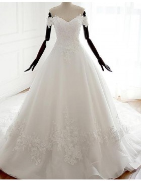White Off the Shoulder Lace Applique Tulle Wedding Dress WD2222