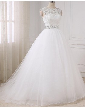 Jewel Lace Bodice White Tulle Wedding Dress with Beading Belt WD2268