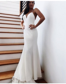 Spaghetti Straps Simple White Mermaid Wedding Dress with Bowknot WD2281