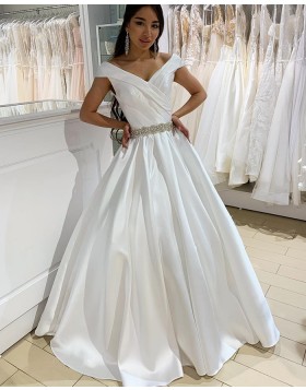 Simple V-neck Ruched White Satin Wedding Dress with Belt WD2288