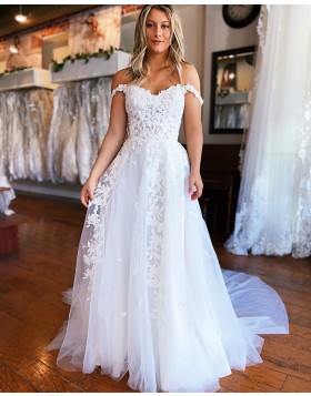 V-neck Lace Applique Tulle White Wedding Dress with Side Slit WD2464