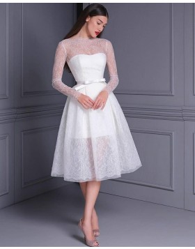 Jewel Neckline Lace White Knee Length Wedding Dress with Long Sleeves WD2476