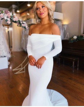 Strapless Ruched White & Ivory Satin Mermaid Wedding Dress with Long Sleeves WD2512