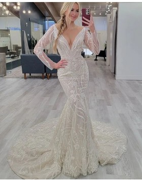 Deep V-neck Lace Ivory Mermaid Wedding Dress with Long Sleeves WD2519