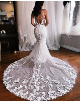 Spaghetti Straps White Sparkle Applique Mermaid Wedding Dress WD2544