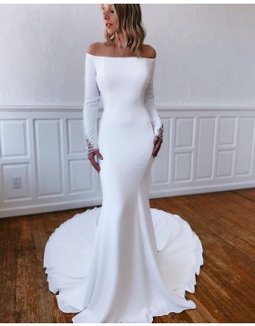 Off the Shoulder White Satin Mermaid Wedding Dress with Beading Long Sleeves WD2546