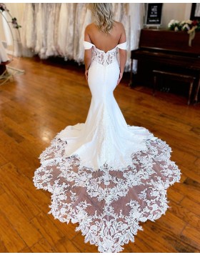 Off the Shoulder White Satin Mermaid Wedding Dress with Lace Applique Train WD2557