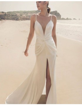 Spaghetti Straps Ruched Sheath Beach Wedding Dress with Middle Slit WD2560