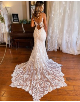 Spaghetti Straps Lace Mermaid Ivory Wedding Dress WD2575