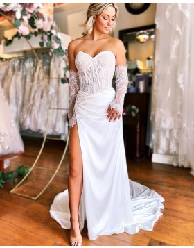 Sweetheart Lace Bodice White Mermaid Wedding Dress with Side Slit WD2578
