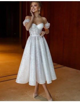 Off the Shoulder Glitter Ankle Length Wedding Dress WD2601