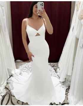 Simple White Spaghetti Straps Cutout Mermaid Wedding Dress with Lace Train WD2611