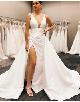 Simple V-neck White Satin A-line Wedding Dress with Side Slit WD2621