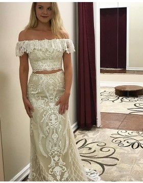 Off the Shoulder Ivory Lace Two Piece Prom Dress pd1507