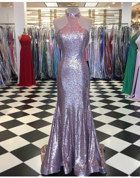 Elegant High Neck Metallic Rose Gold Mermaid Pleated Prom Dress pd1526
