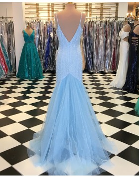 V-neck Sky Blue Sequin Tulle Mermaid Long Prom Dress pd1531