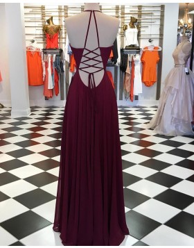 Simple Spaghetti Straps Burgundy Pleated Prom Dress with Side Slit pd1538
