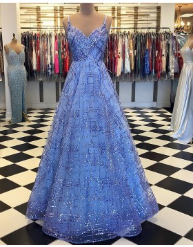 Spaghetti Straps Sequin Pattern Blue Sparkle Prom Dress pd1555