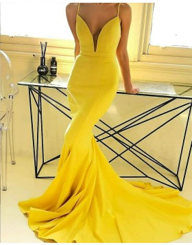 Simple Spaghetti Straps Yellow Satin Mermaid Prom Dress pd1591